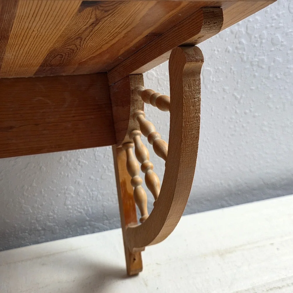 Rustic Wood Wall Shelf Spindle Brackets Striped Plank Top Brown Pine Handcrafted